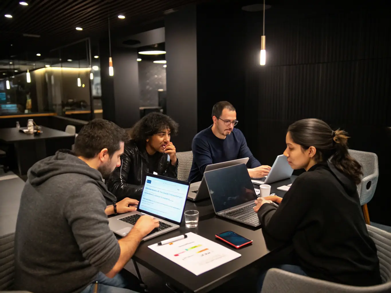 A team of tech employees participating in a collaborative workshop or team-building activity, representing Employee Engagement & Retention services.