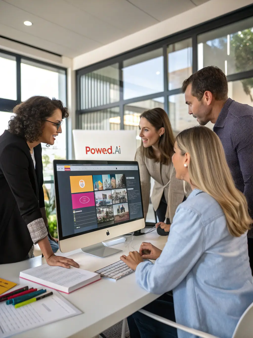 A modern office space with employees using cutting-edge AI technology, highlighting the firm's expertise in the artificial intelligence sector.