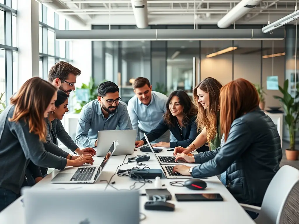 A diverse team of software engineers collaborating on a project in a modern, open-plan office. The image should convey innovation, teamwork, and a focus on technology.