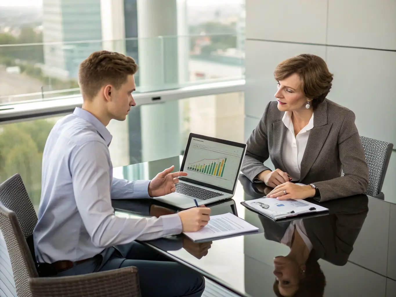 A consultant reviewing HR policies with a business owner in a modern office setting. The image should convey professionalism, expertise, and a focus on compliance.