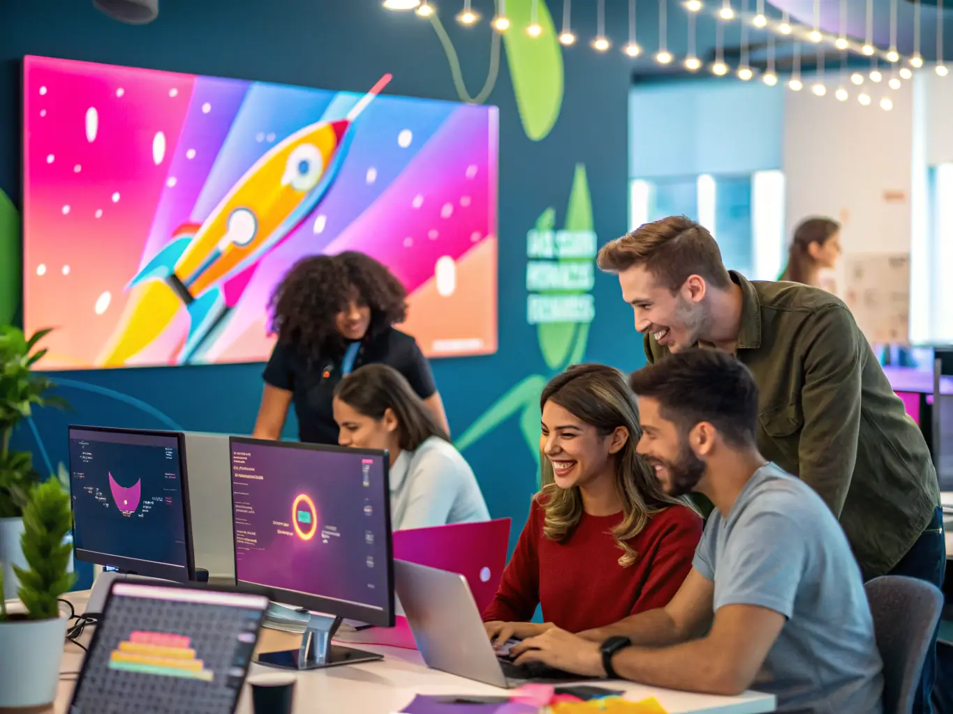 A group of employees participating in a team-building activity, such as a coding workshop or a hackathon. The image should convey engagement, collaboration, and a positive work environment.