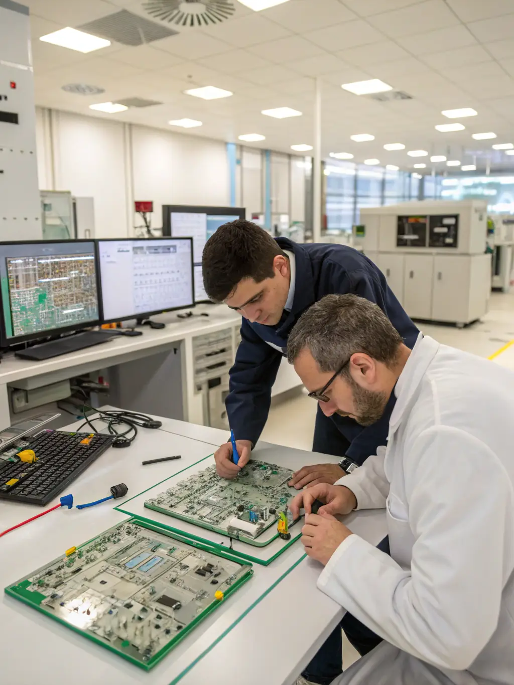 A cleanroom environment with engineers working on advanced hardware, representing the firm's knowledge of the hardware engineering industry.