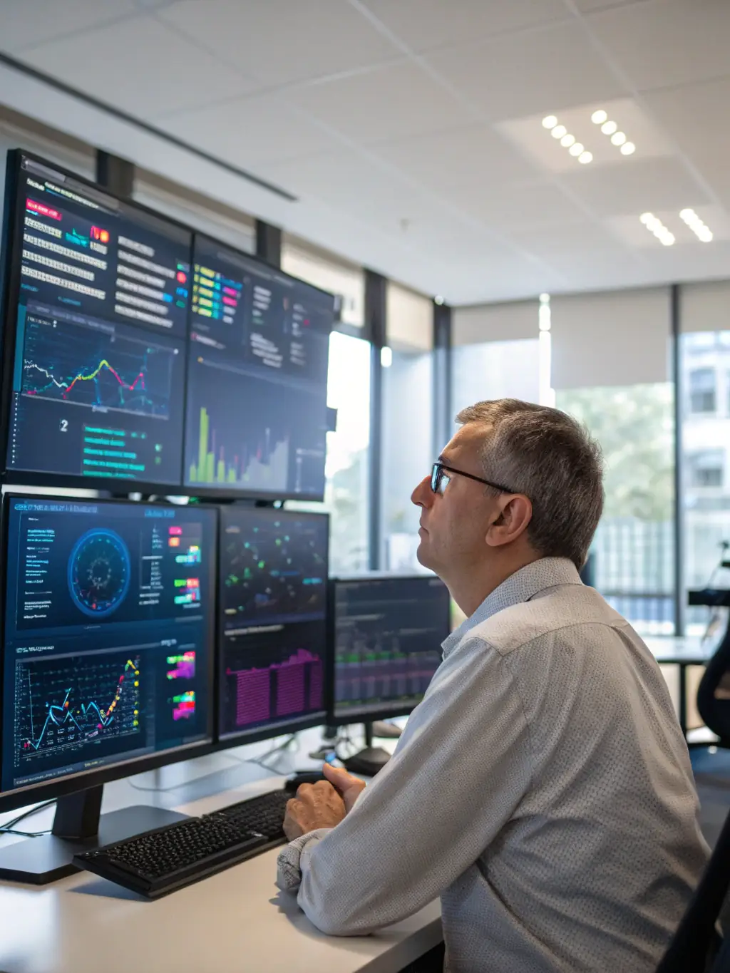A group of data scientists analyzing complex datasets on large screens, showcasing the firm's experience in the data science and analytics sector.